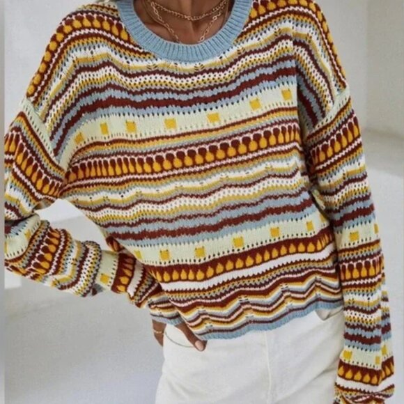 Unity Striped and Geo Pointelle Knit Colorful Sweater - Picture 1 of 8